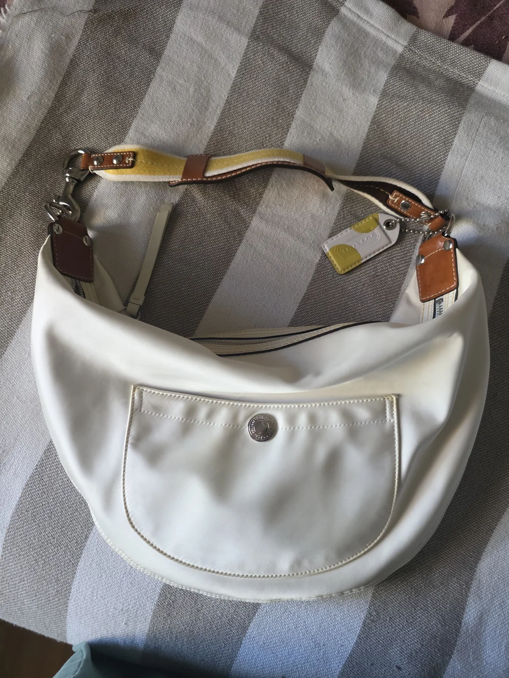 Coach Hampton Weekend White Satin Hobo with Yellow and Brown Strap Accents